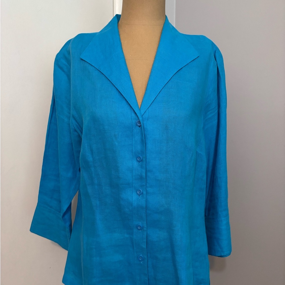 Talbots Blue 3/4 Sleeve Irish Linen Notched Collar Button Down Shirt